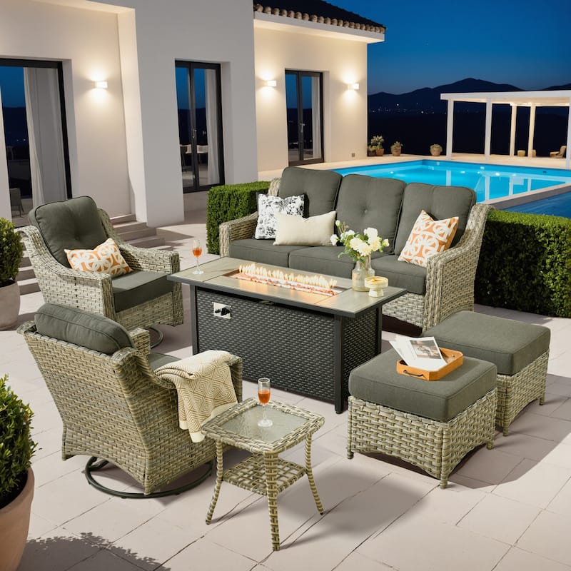 ​​OVIOS 7 Pieces Outdoor Wicker Swivel Chair Set with 54" Fire Table​