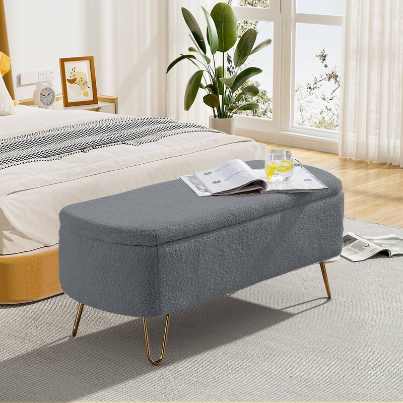 Ouyessir Modern Sherpa Storage Bench, Ottoman with Storage - Grey