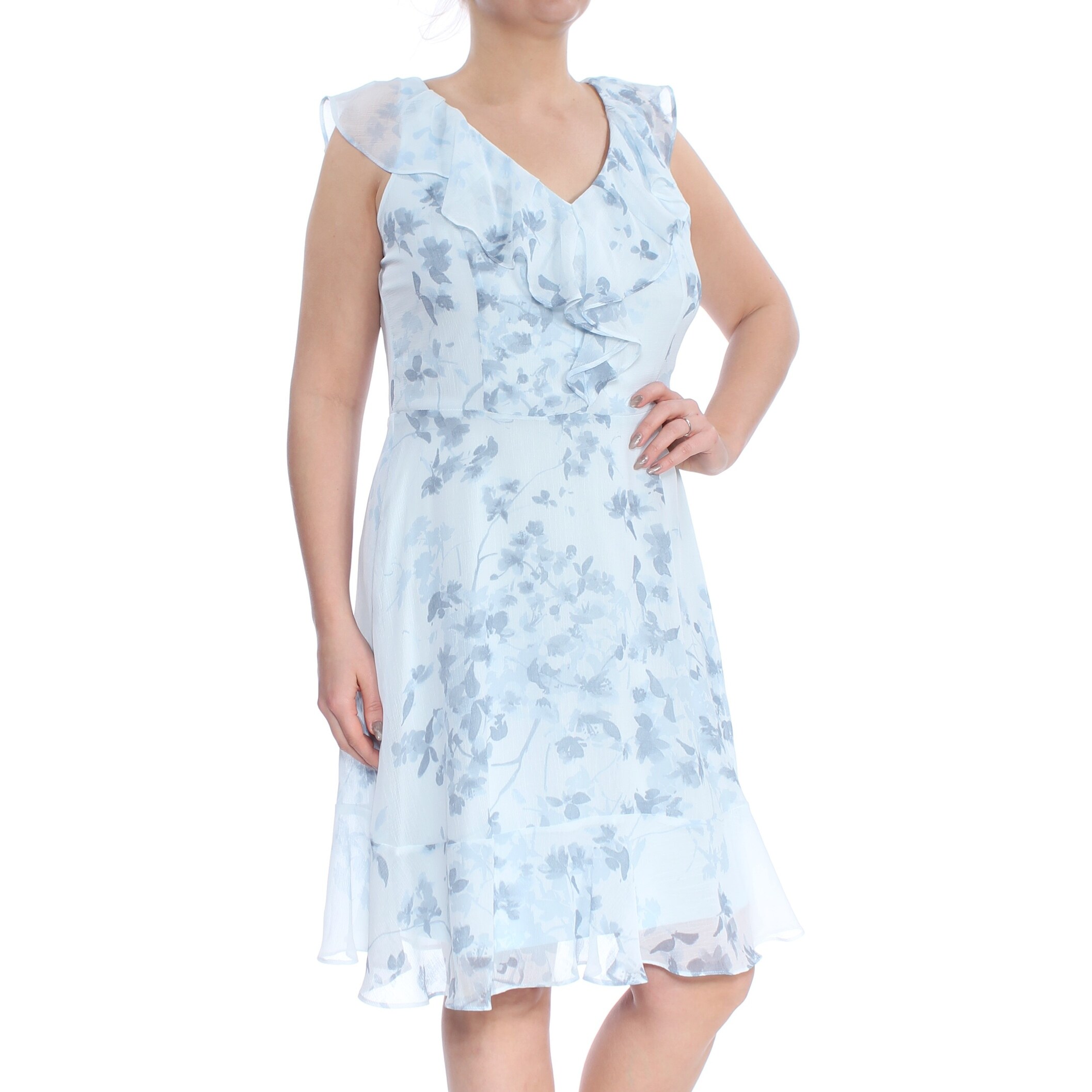 Shop Dkny Womens Light Blue Ruffled Floral Print Knee Length Dress