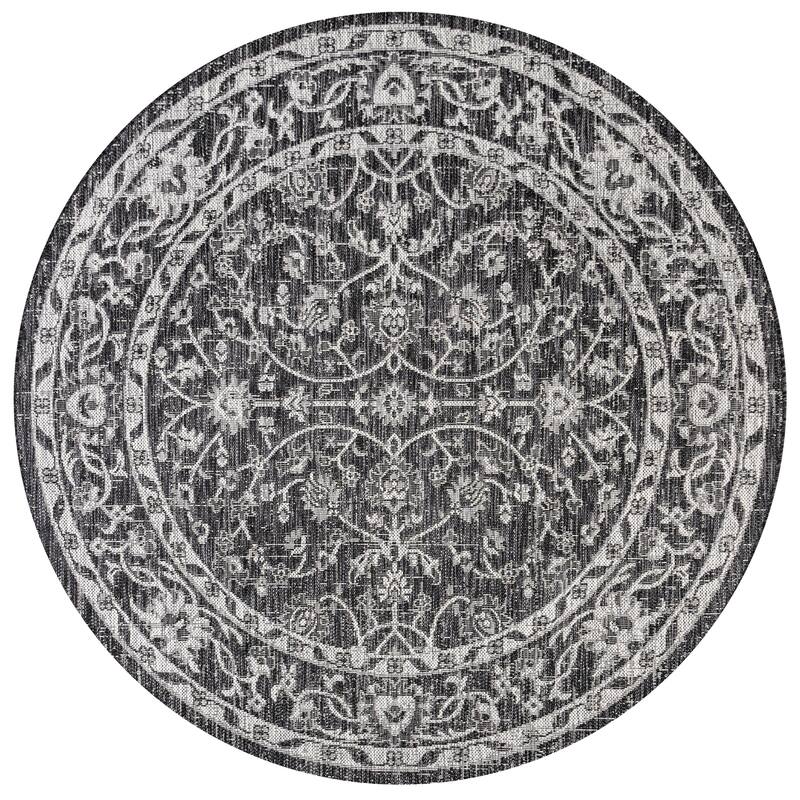 JONATHAN Y Palazzo Vine and Border Textured Weave Indoor/Outdoor Area Rug - 5' Round - Black/Grey