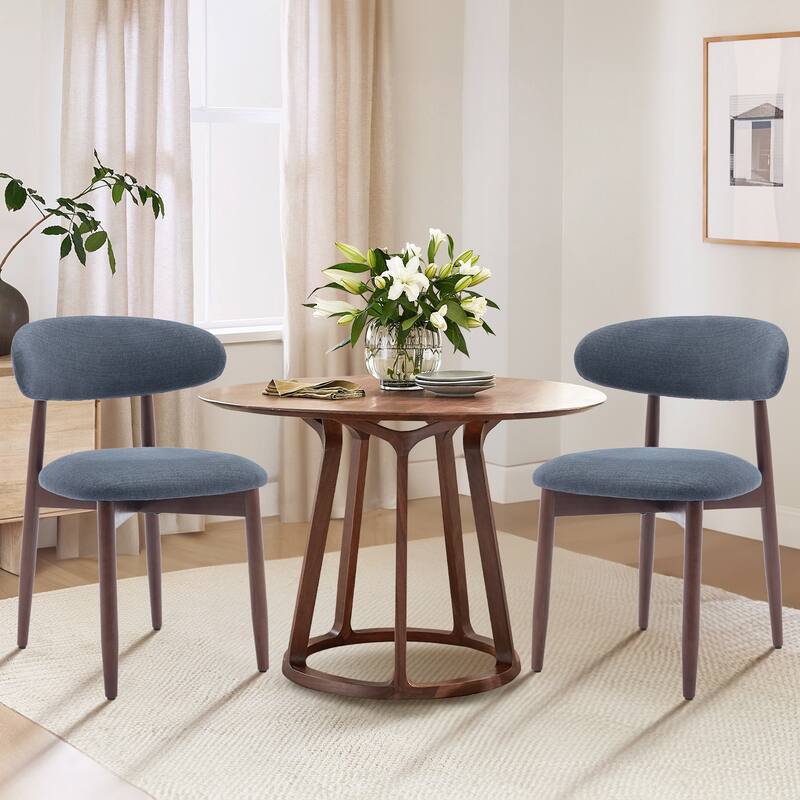 Set of 2 Wooden Dining Chairs, Fabric Upholstered, Beige
