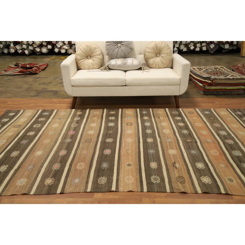 Hand Woven Oriental 100% Wool Carpet Southwestern Tribal Brown Kilim Area Rug - 10' 7'' X 5' 9''