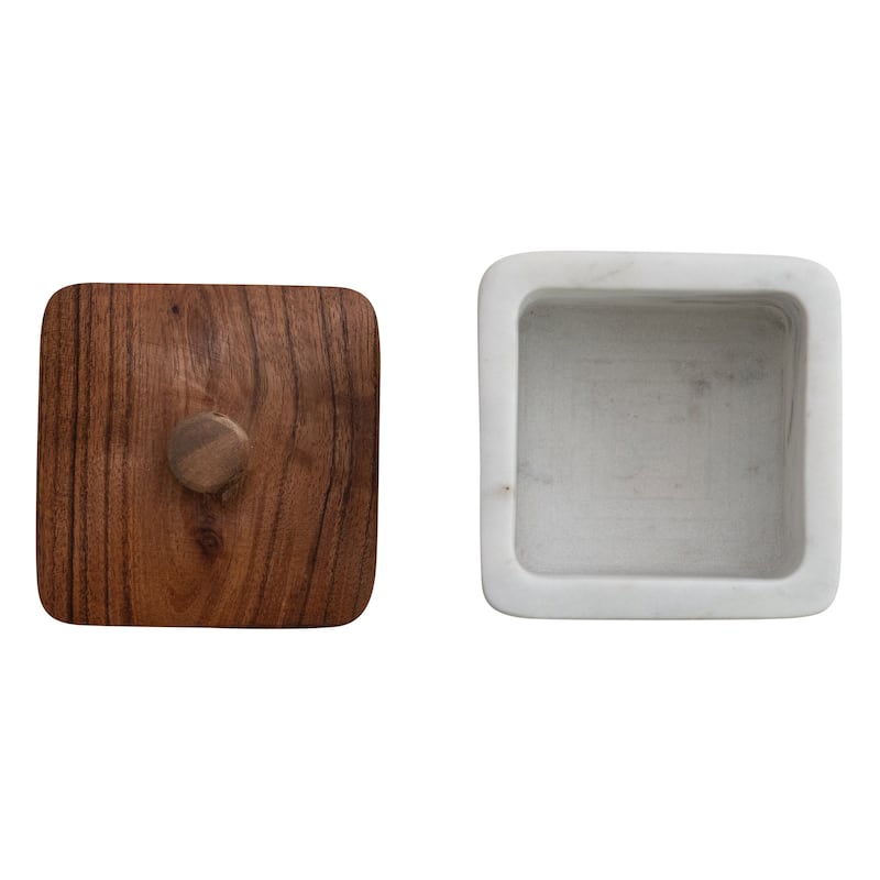 Marble Container with Acacia Wood Lid - 4.0"L x 4.0"W x 4.25"H
