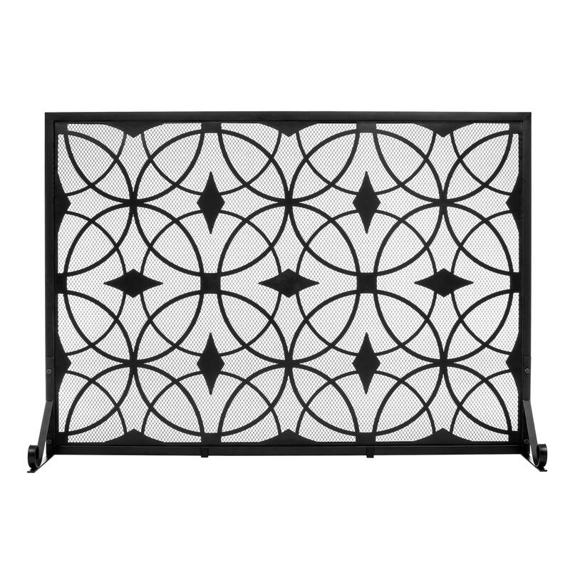 Modern Single Panel Black Unique Pattern Iron Fireplace Screen- - 41.73'' x 12.20'' x 29.33''