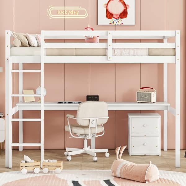 slide 2 of 9, Twin Wood Loft Bed with Under-bed Desk, White White
