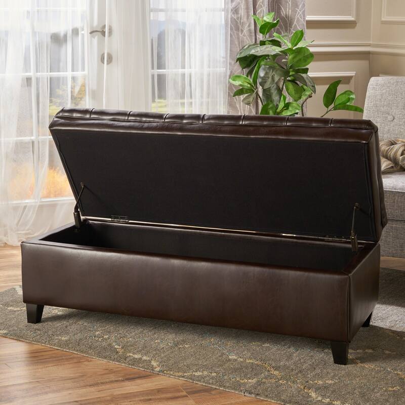 Faux Leather Storage Ottoman Bench, Rectangular Ottoman with Storage, Bedroom End of Bed Foot Stool, Entryway Ottoman Footrest