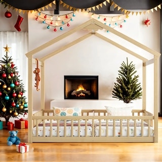 Double Twin Size Floor Bed with Fence and Guardrails without Door,Kids Bed Design
