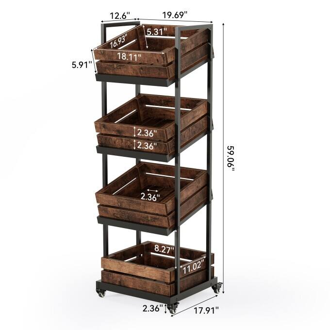 4-Tier Industrial Rolling Storage Cart, Narrow Kitchen Wine Rack