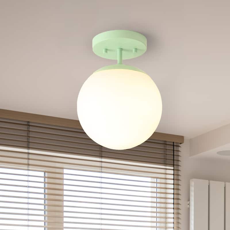 Galax Bistro 7.75" 1-Light Bohemian Farmhouse Iron/Frosted Glass LED Semi Flush Mount, Brass Gold/White by JONATHAN Y