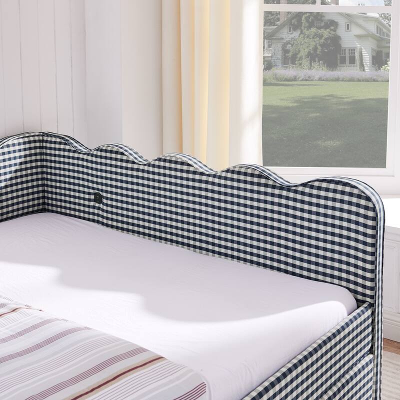 Full/Queen Gingham Daybed with 2 Storage Drawers, USB Port & Wave Shaped Linen Fabric