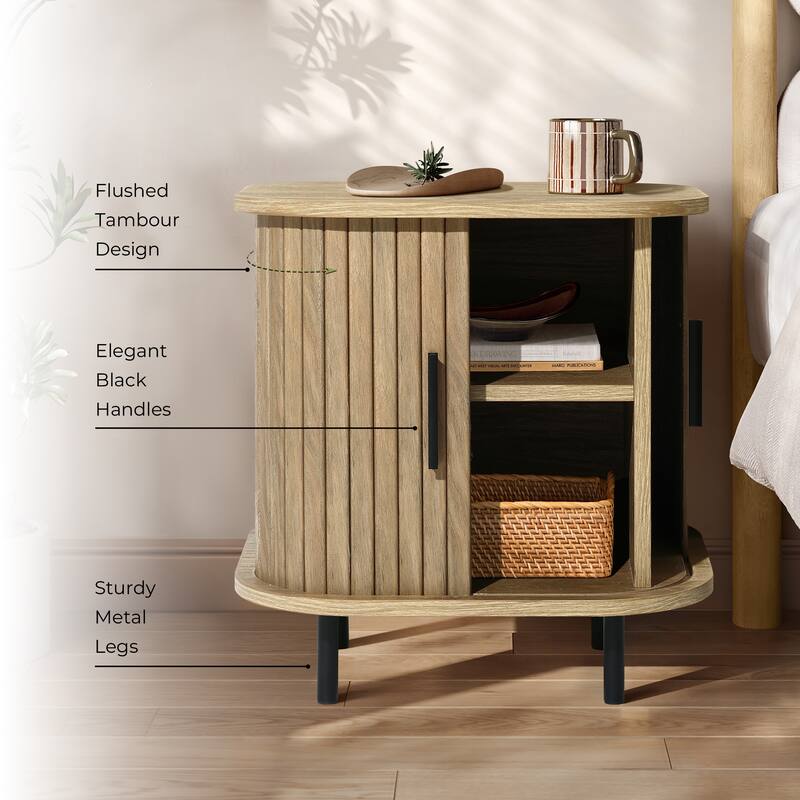 Mid-Century Modern 2-Door Nightstand and End Table with Slatted Slidng Doors