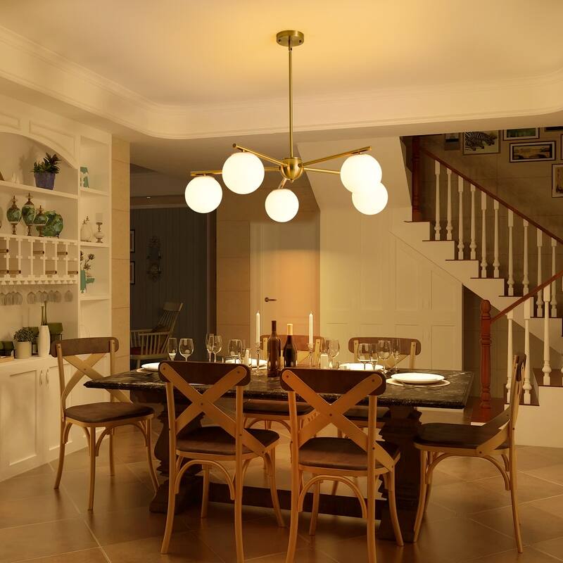 5-Light Brass Globe Chandelier, Modern Mid-Century Pendant for Living Room & Dining Room - 5 Light