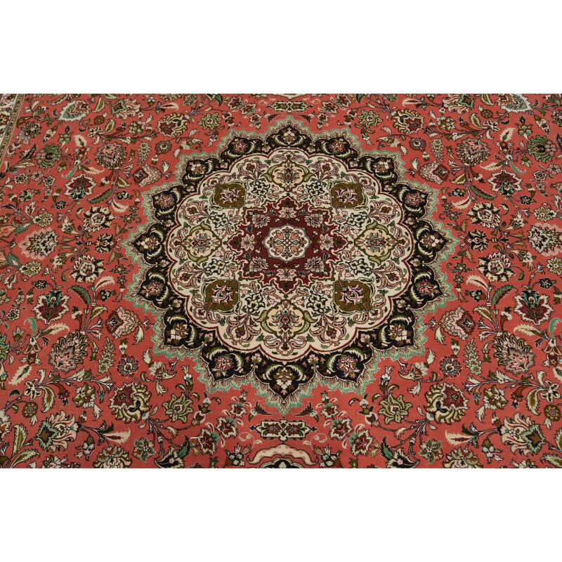 Hand Knotted Oriental Wool & Silk Carpet Traditional Floral Red Tabriz Area Rug - 13' 0'' X 9' 10''