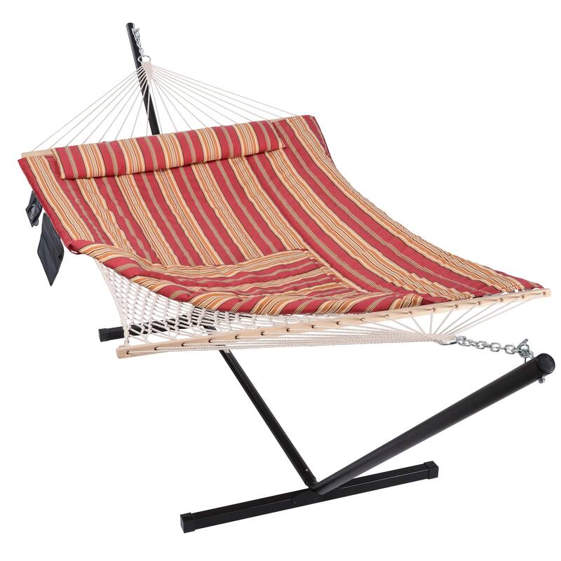 Hammock Double Hammock with Stand, Two Person Cotton Rope Hammock - 147.6(L)*52(W)*47.6(H) - Red Stripe