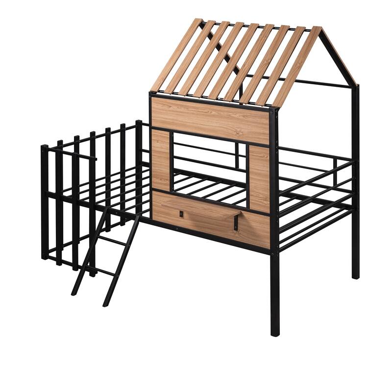 House-Shaped Metal Loft Bed with Roof, Window, Guardrail, and Ladder