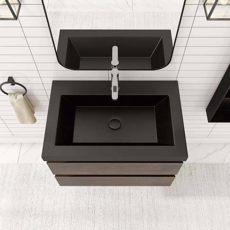 24/30/36 inch Wall-Mounted Bathroom Vanity Set in Rose Wood with Integrated Black Resin Sink