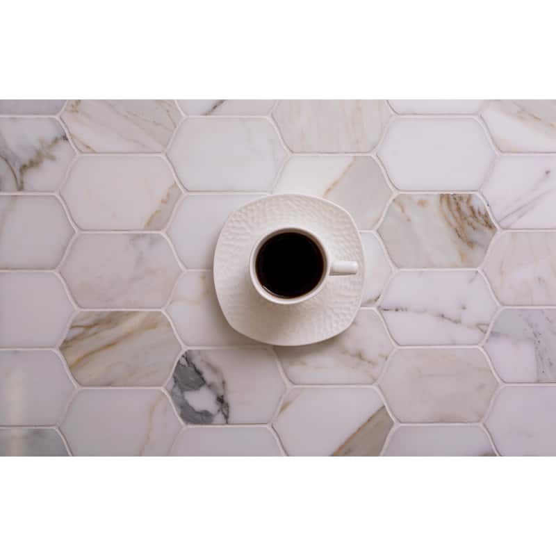 Serena 12x13 Misty White Gray Calacatta Gold Mosaic Picket Lantern Wall and Floor Tile (5.59 sq ft/case) - 5 Pack
