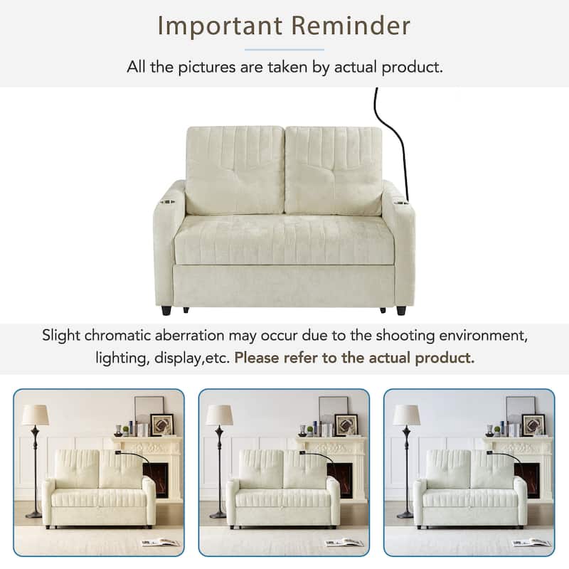 53.9" Chenille Convertible Loveseat with Pull-Out Bed, 3 USB Ports, and Smart Storage