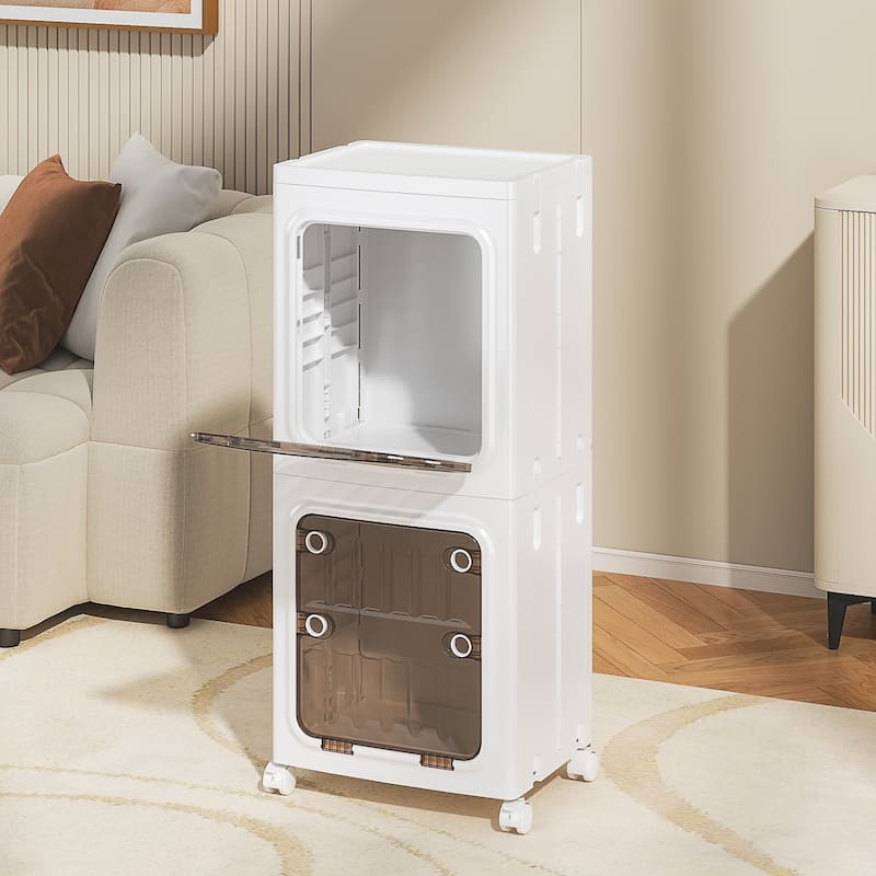 Javlergo 2-Tier White Foldable Stackable Narrow Storage Bins ABS Waterproof Storage Cabinet for Living Room Bedroom Bathroom