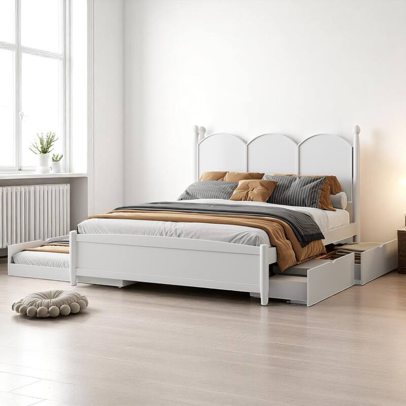 Rustic Queen Bed with Drawers and Pull-Out Twin XL Trundle, Solid Pine Platform Bed with Storage