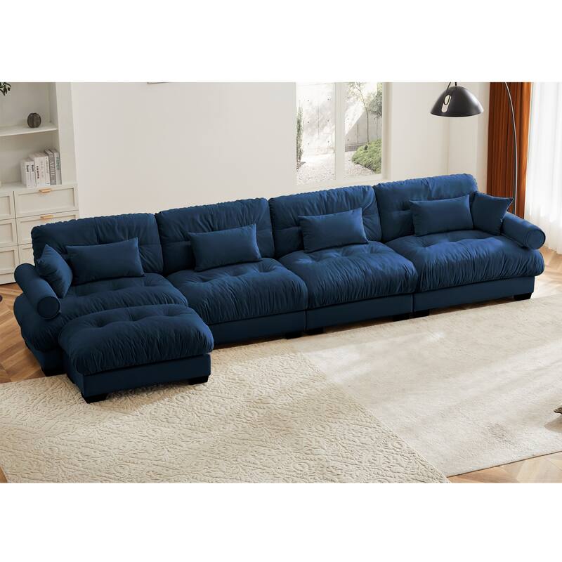 GDFStudio - Velvet 4-Seater 166" Cloud Modular Sectional Couch with Ottoman - Blue