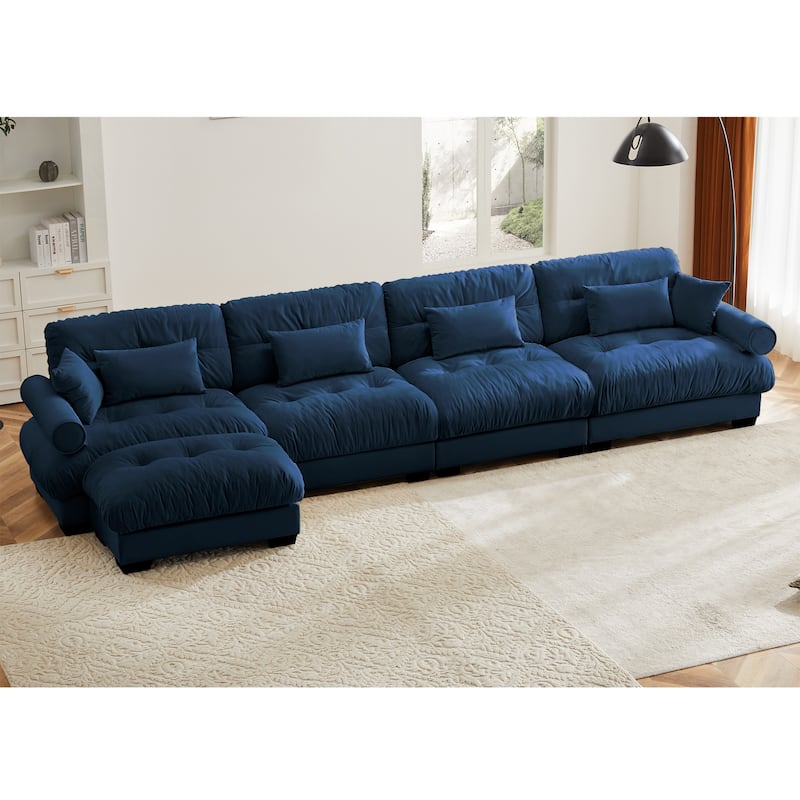 Modern Velvet L-Shaped Sofa for Living Room, 166" Luxury Oversized Sectional Couch with Ottomans, Tufted Deep Seat Sofa - Blue