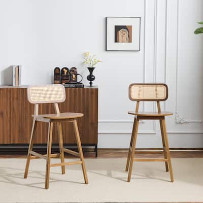 Indoor Barstool Set of 2 with Solid Wood Frame and Rattan Braided Back
