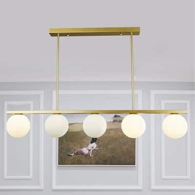 Aria Antique Brass 5-Light Linear Metal Chandelier with Globe Frosted Glass Shades