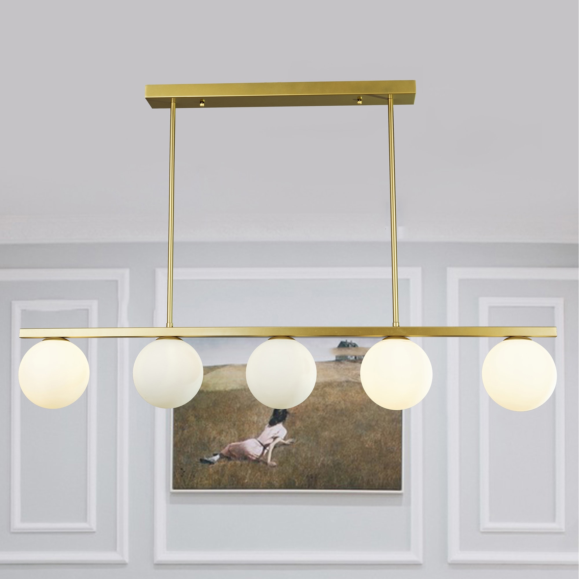 Warehouse of Tiffany Aria Antique Brass 5-Light Linear Metal Chandelier with Globe Frosted Glass Shades
