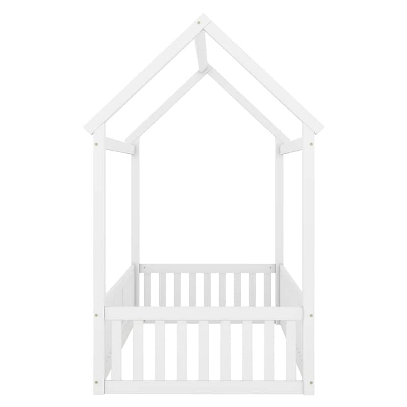 Twin Size Wood House Bed with Fence and Door