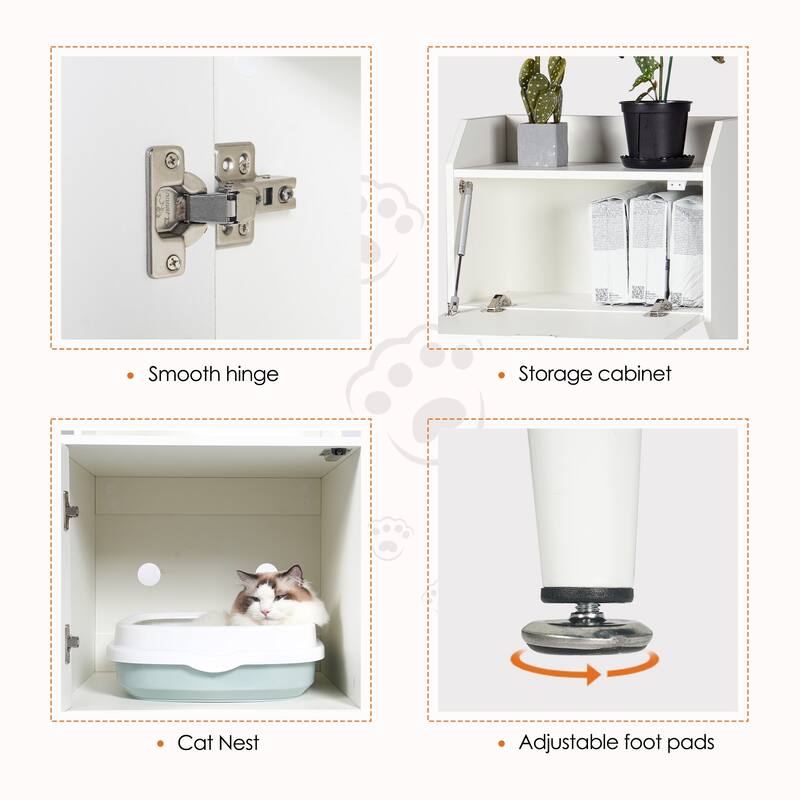 View of Litter Box Enclosure with Shelves&Doors,White Wooden Hidden Cat Litter ...