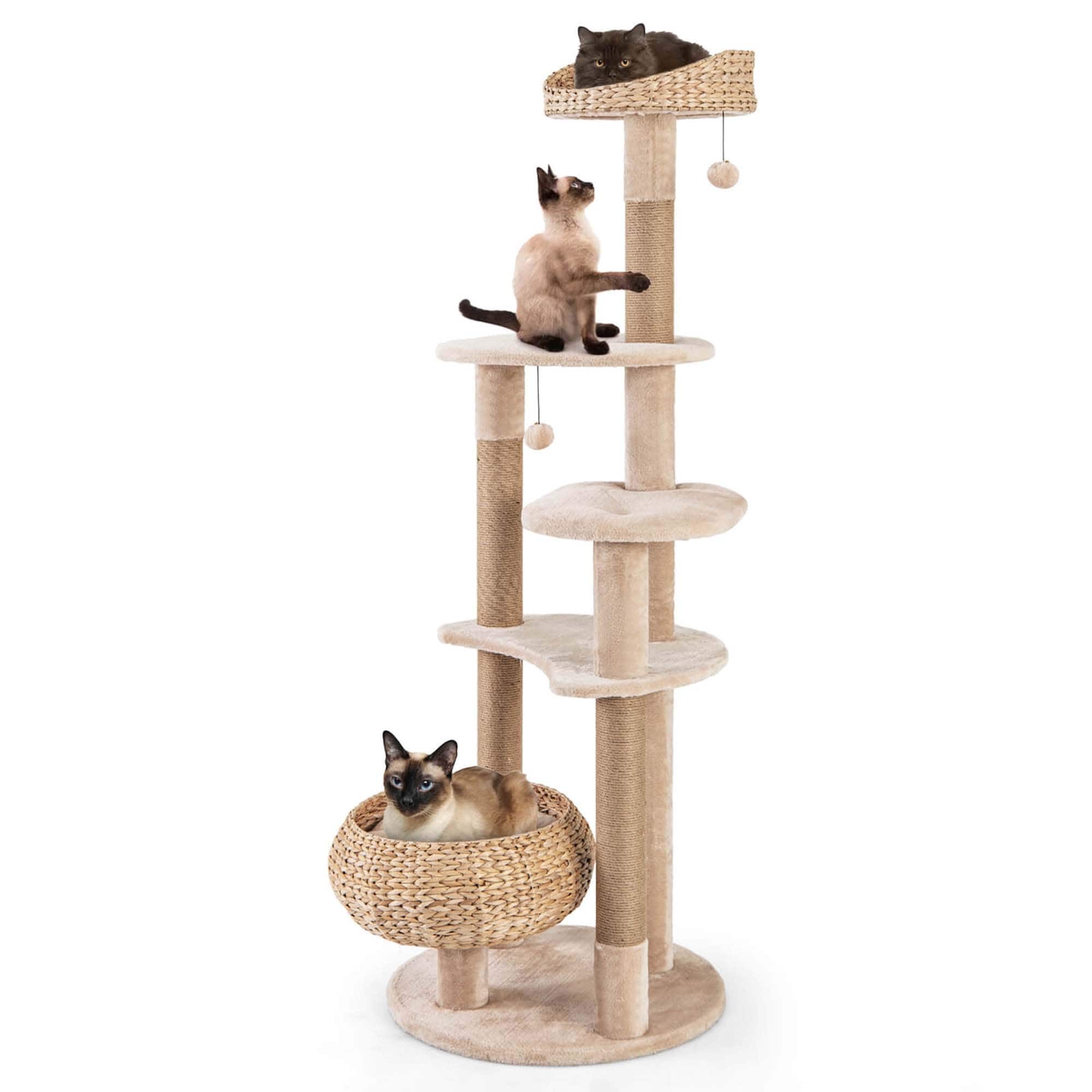 Costway 65" Cattail Cat Tower with Jute Scratching Posts Perch Basket