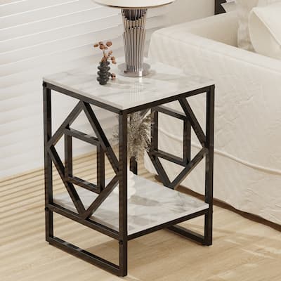 Metal Geometric-Base 2-Tier Sintered Stone End Side Table