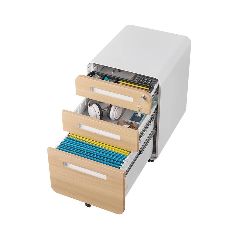 3-Drawer Locking Mobile File Cabinet with Wheels, Metal Home Office Storage Cabinet with Pencil Tray & Hanging Bars