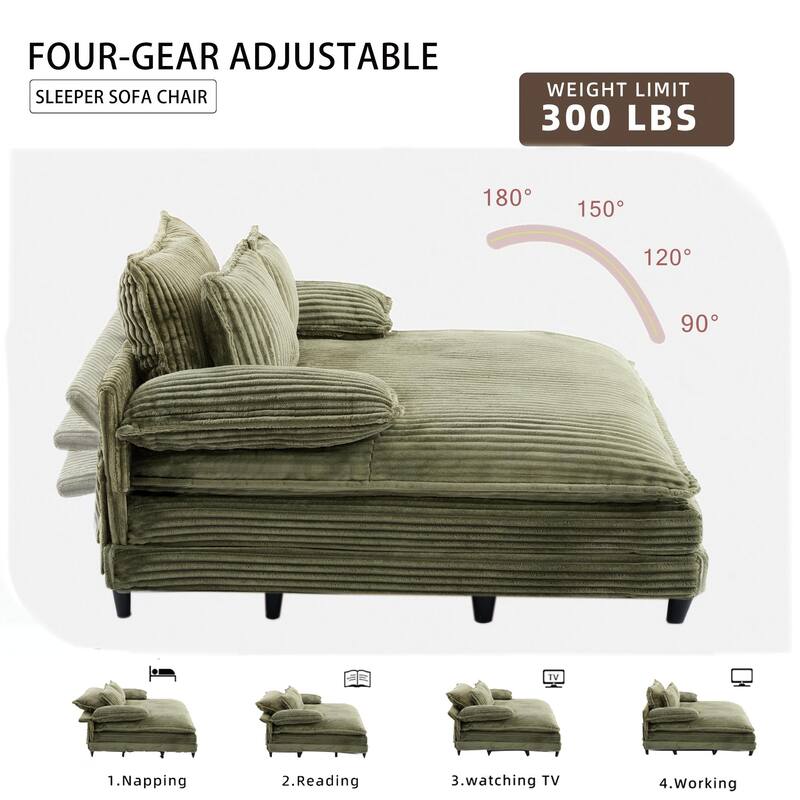 Corduroy Oversized Chaise Lounge with 4-Position Adjustable Backrest, 2 Pillows & 300lb Capacity - Convertible Sofa Bed