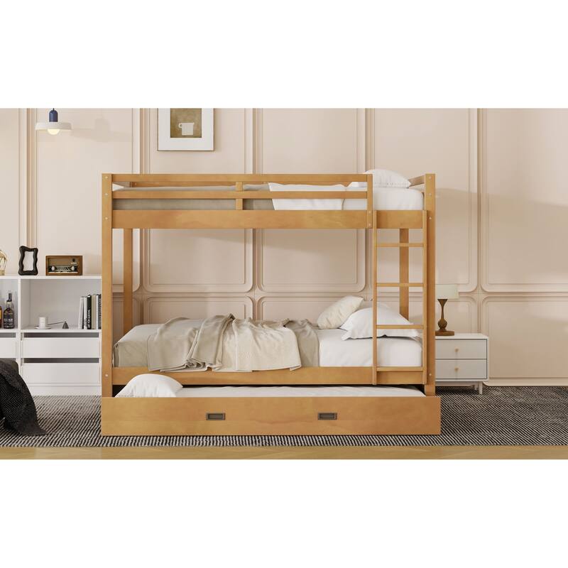 Roomfitters Queen Over Queen Wood Bunk Bed with Twin XL Trundle, Ladder and Guardrails, Natural