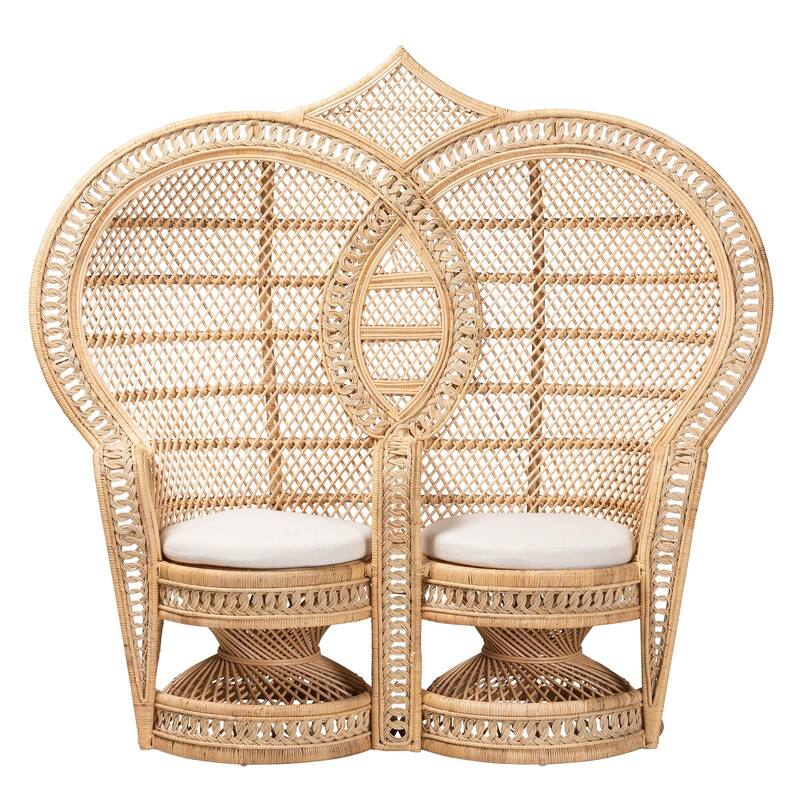 Nerita Modern Bohemian Natural Brown Rattan Two-Seater Peacock Chair