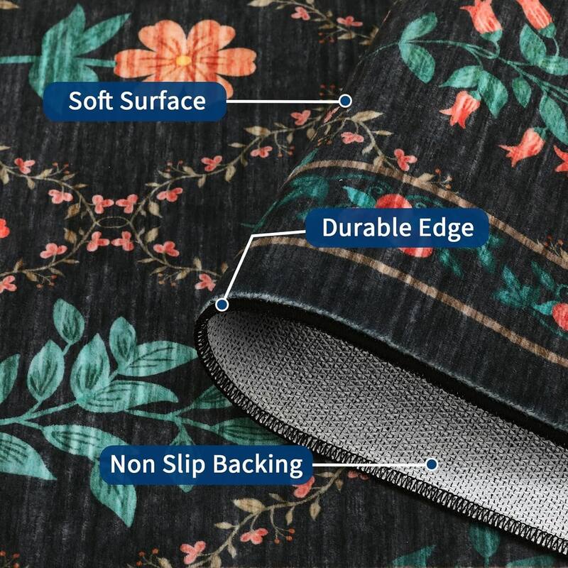 Vintage Floral Washbale Floor Cover Area Rug for Bedroom, Living Room, Black - 1'6" x 2'6"