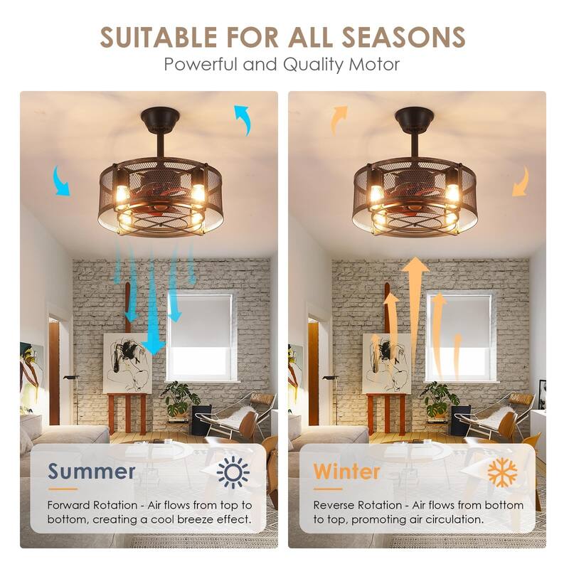 18 Inches Caged Ceiling Fan with Light, Black Downrod Ceiling Fans Lights,Chandelier Fans - 18 Inches