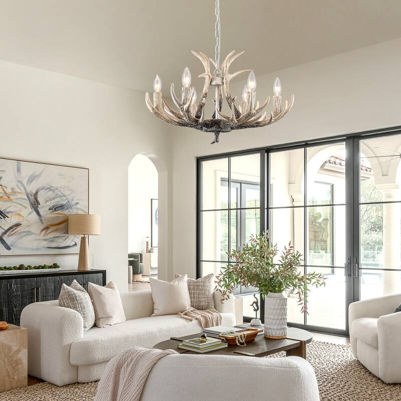 6-light farmhouse adjustable height pendant light with decorative resin antlers
