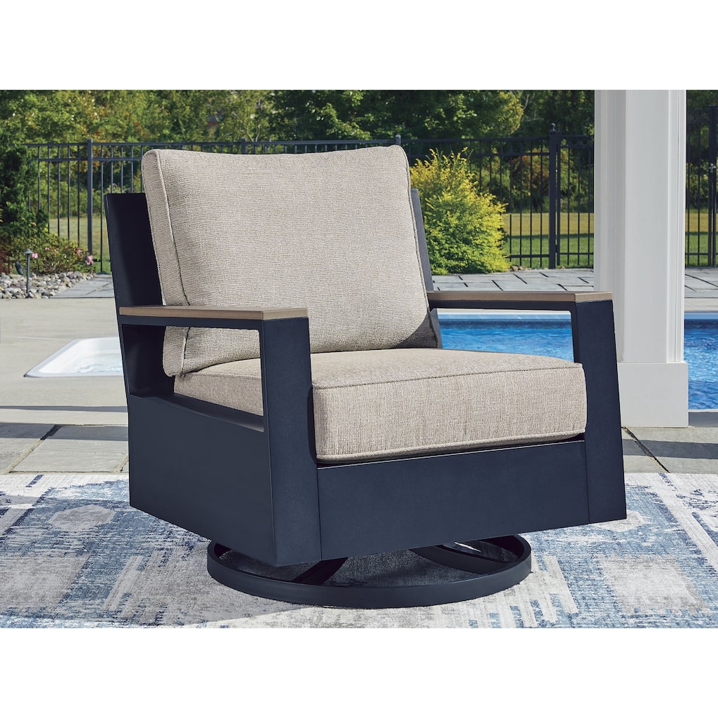 Signature Design by Ashley Mabry Shores Navy Blue/Beige Outdoor Swivel Glider Chair with Cushion - 33" W x 34" D x 36" H