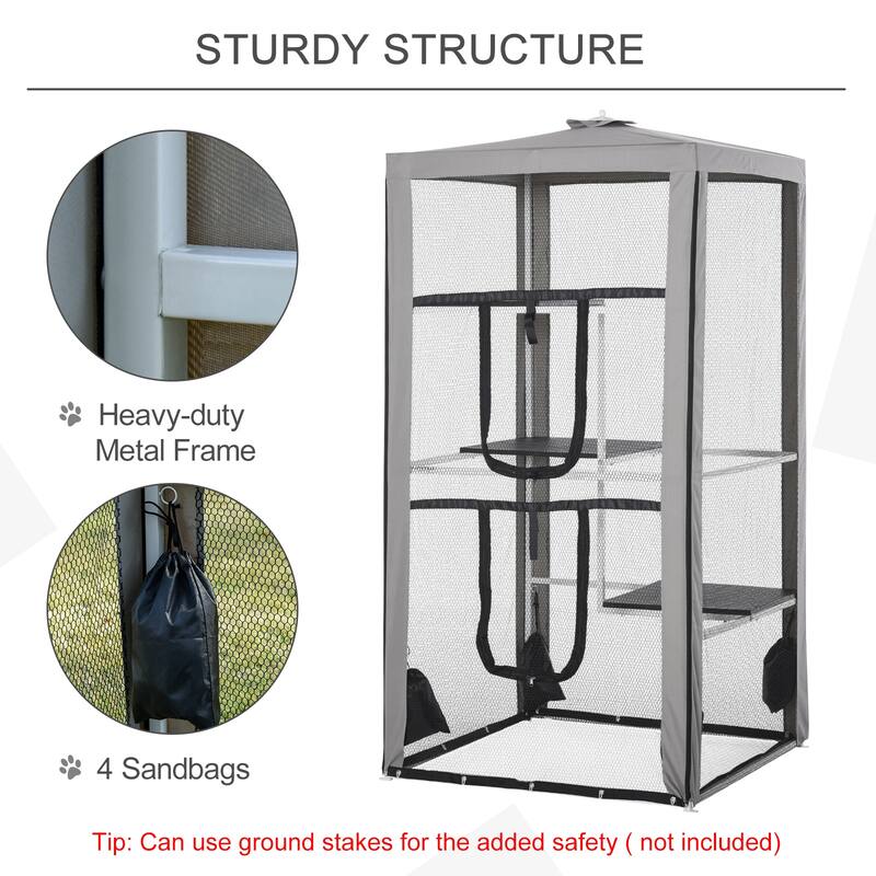 Grey-White-Black Metal Cat House with 3 Platforms and Outdoor Stability
