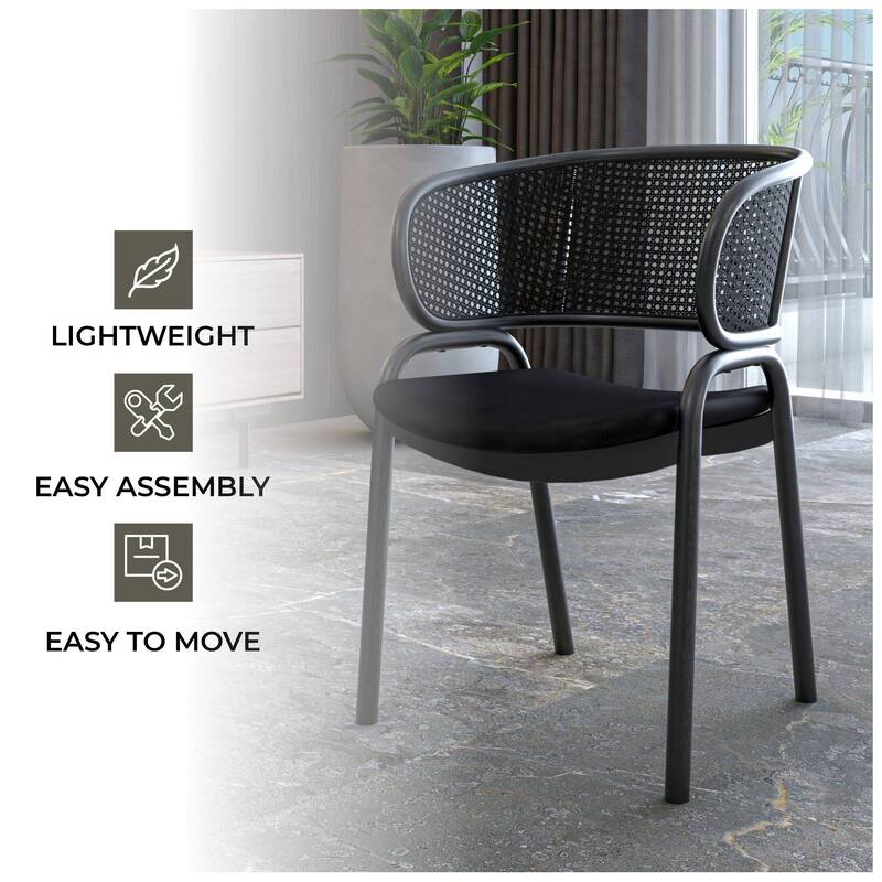 Ervilla Modern Upholstered Accent Side Chair with Wicker Back and Black Iron Legs for Dining Room & Kitchen, Set of 2