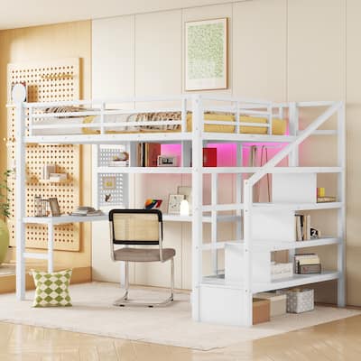 Full Size Metal Loft Bed with LED Lighting and Charging Station, Built-In Desk and Pegboard, Staircase Storage Wardrobe