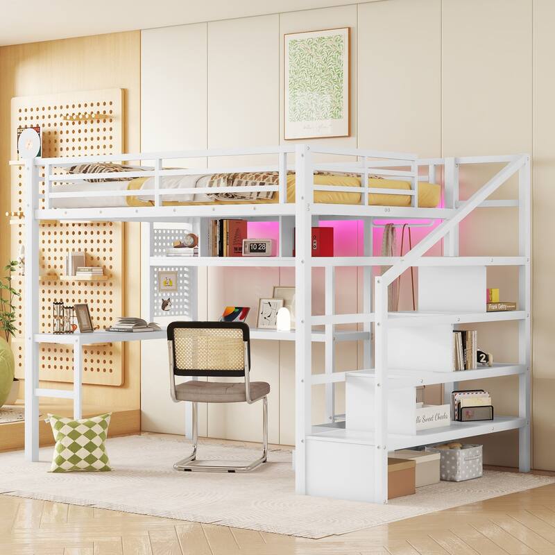 Full Size Metal Loft Bed with LED Lights, Desk, Staircase, and Wardrobe for Kids, White - White