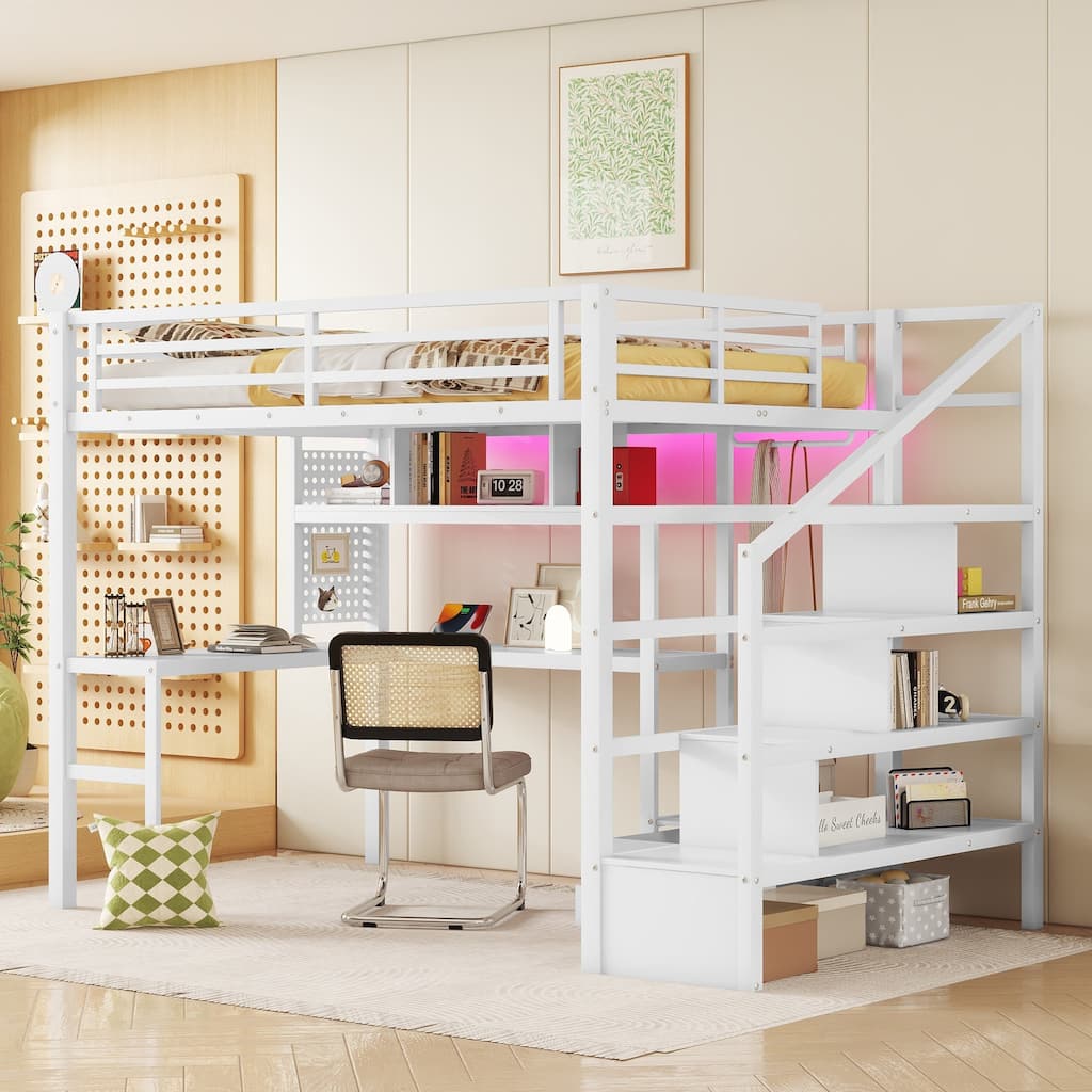 Full Size Metal Loft Bed with LED Lights, Desk, Staircase, and Wardrobe for Kids, White