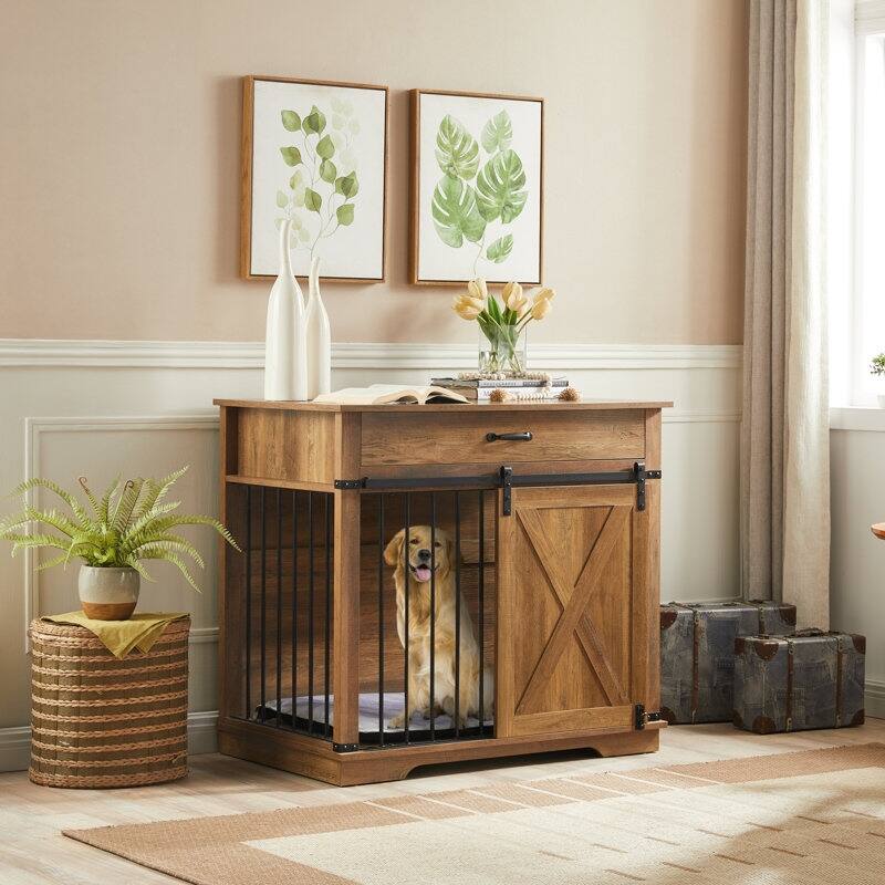 Wood Dog Crate Furniture With Barn Door And 1 Drawer