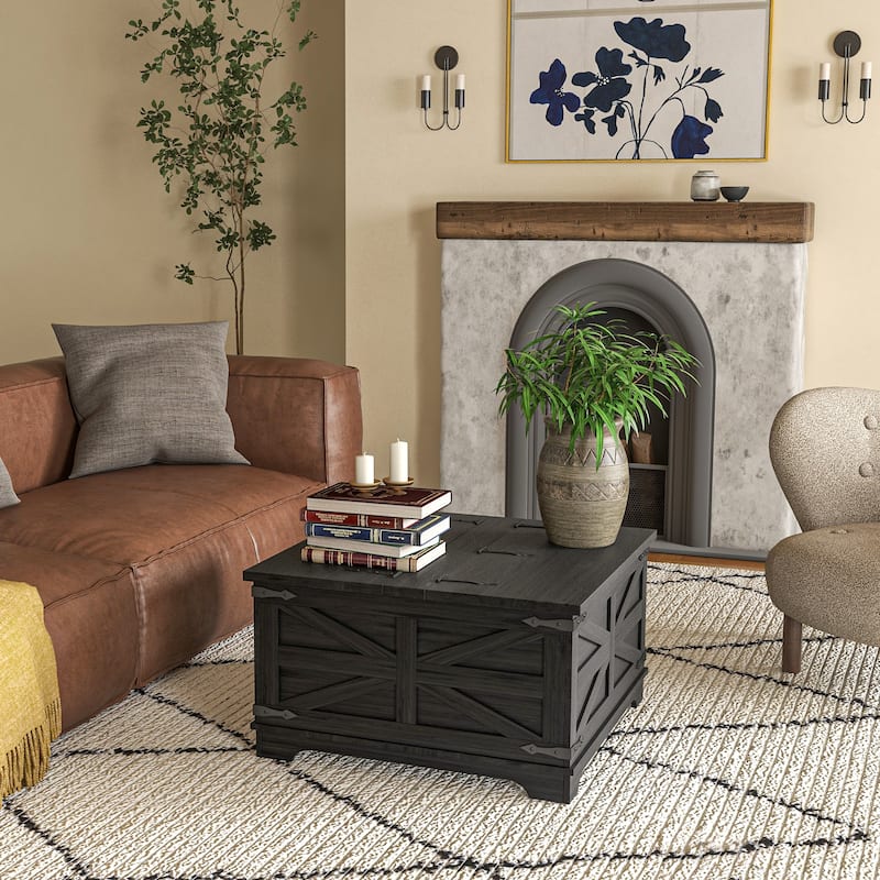HOMCOM Farmhouse Coffee Table with Storage, Center Table with Hinged Lift Top and Hidden Space, Square Coffee Table