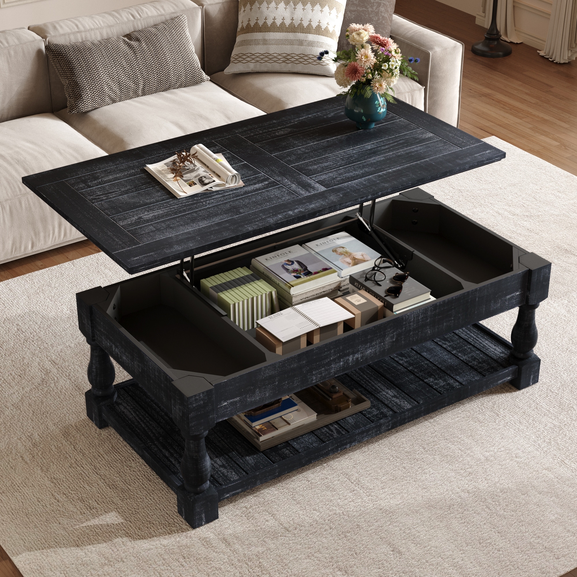 47" Farmhouse Lift Top Coffee Table with Fixed Shelf and 3 Hidden Storage Trays