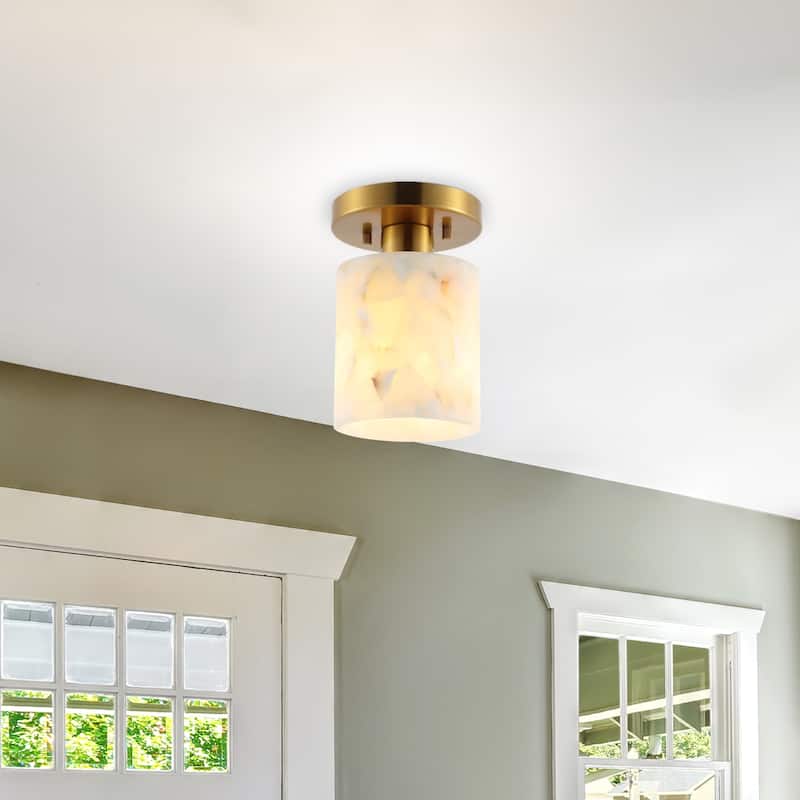 Hadley 5.13" 1-Light Modern Contemporary Alabaster/Iron Cylinder LED Semi Flush Mount, White Marbling/Brass Gold by JONATHAN Y